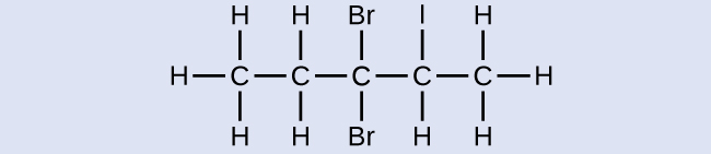 This figure shows a C atom bonded to three H atoms and another C atom. This second C atom is bonded to two H atoms and a third C atom. The third C atom is bonded to two B r atoms and a fourth C atom. This C atom is bonded to an H atom, and I atom, and a fifth C atom. This last C atom is bonded to three H atoms.