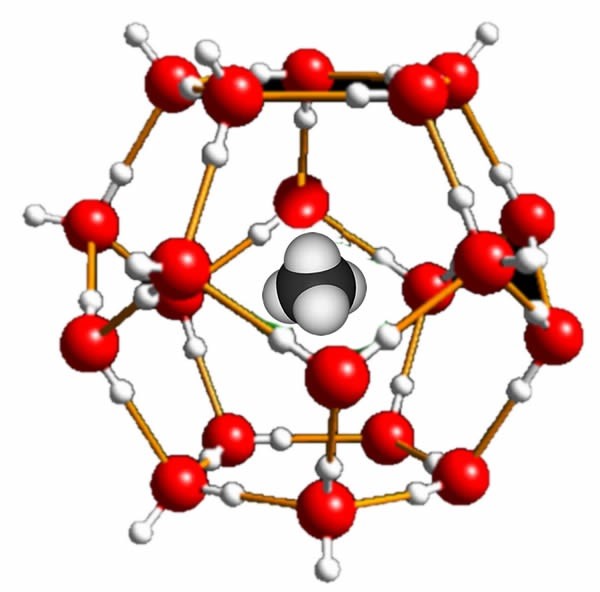 a methane molecule surrounded by a cage of water molecules